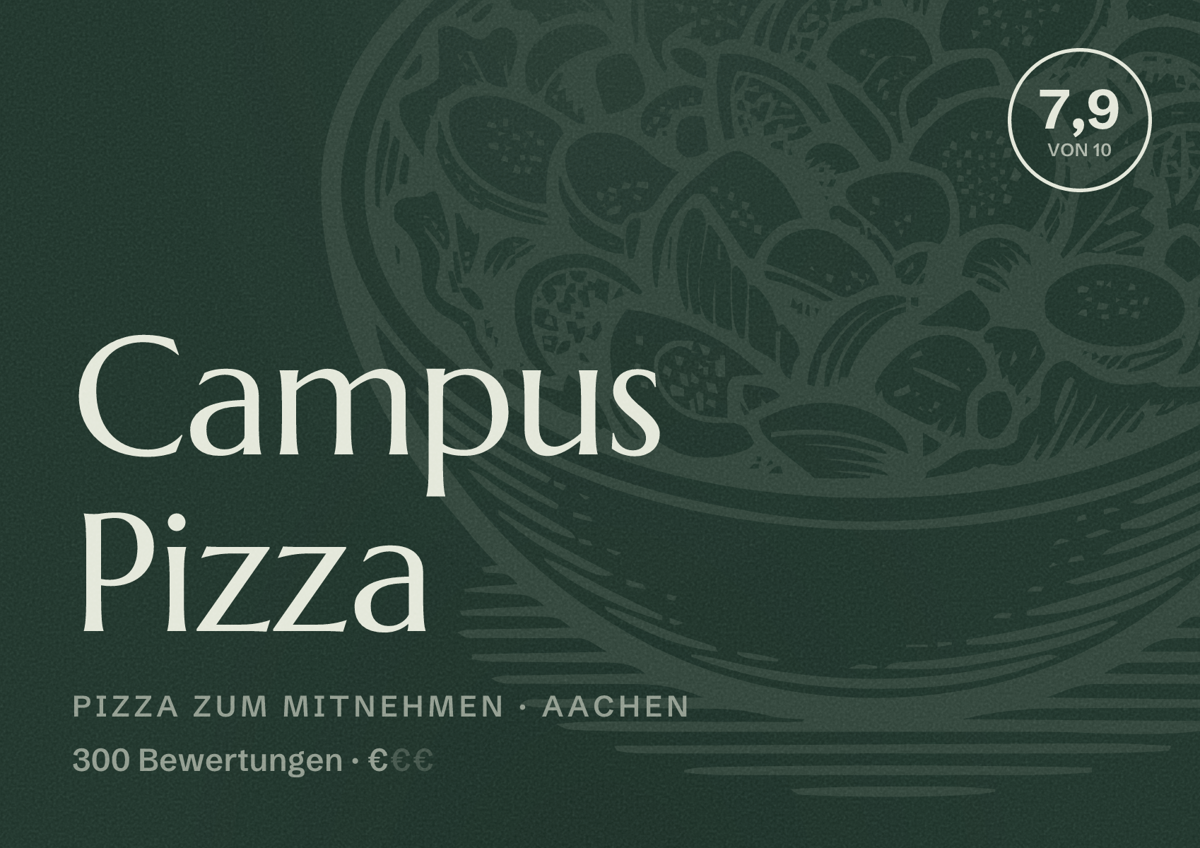 Illustriertes Poster von Campus Pizza, Pizza zum Mitnehmen in Aachen: Bewertung 7,9 von 10 aus 300 Bewertungen, Preisniveau €