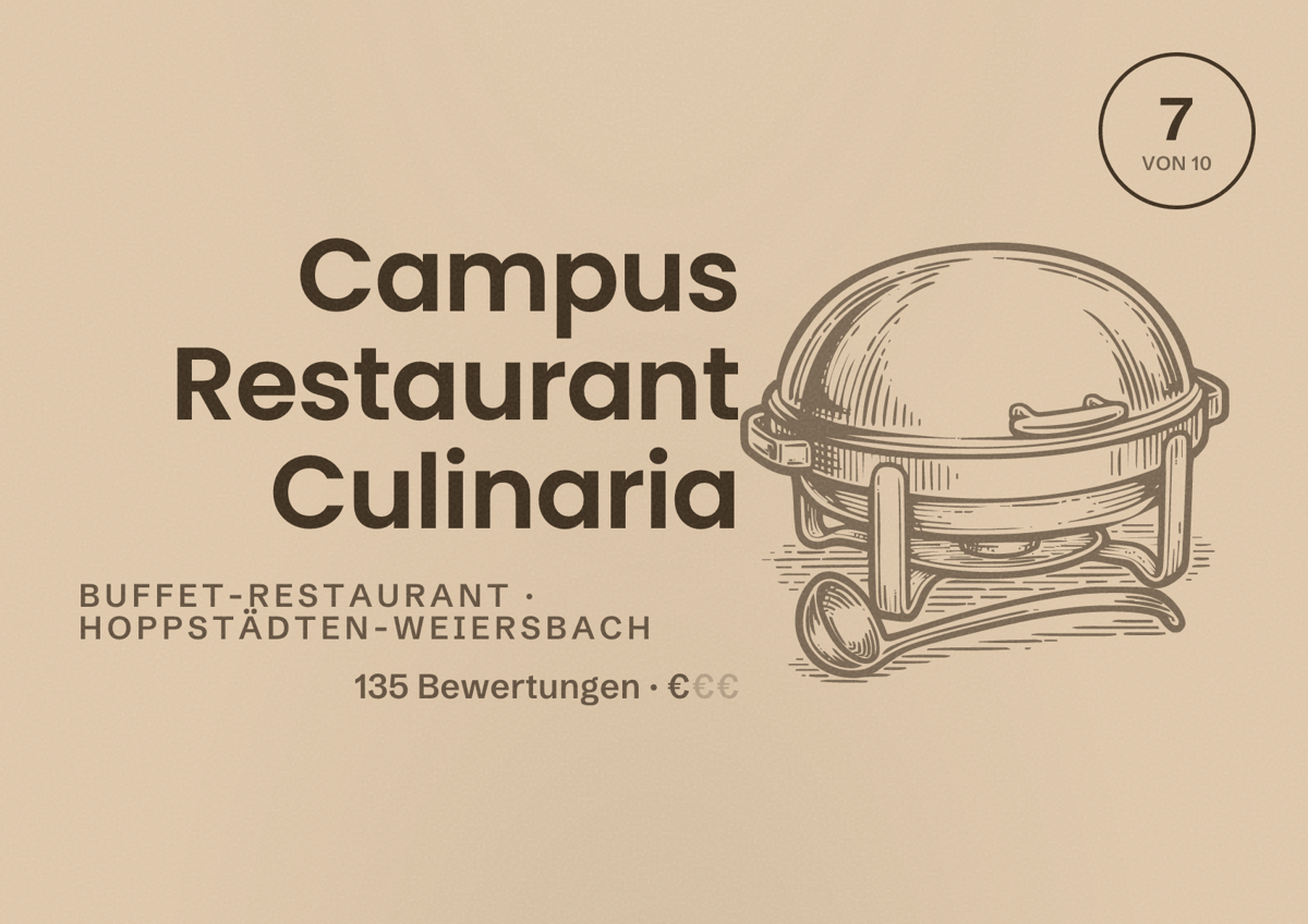 Illustriertes Poster von Campus Restaurant Culinaria, Buffet-Restaurant in Hoppstädten-Weiersbach: Bewertung 7 von 10 aus 135 Bewertungen, Preisniveau €