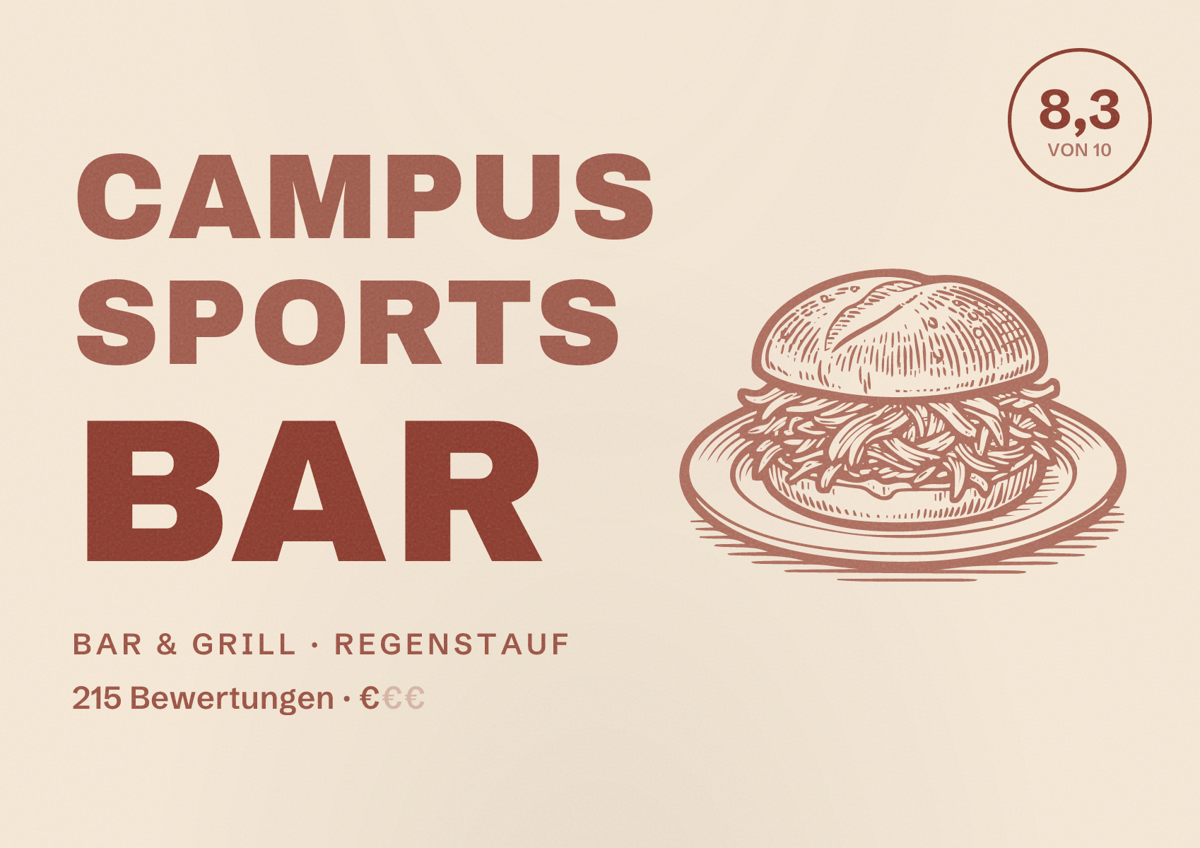 Illustriertes Poster von Campus Sports Bar, Bar & Grill in Regenstauf: Bewertung 8,3 von 10 aus 215 Bewertungen, Preisniveau €