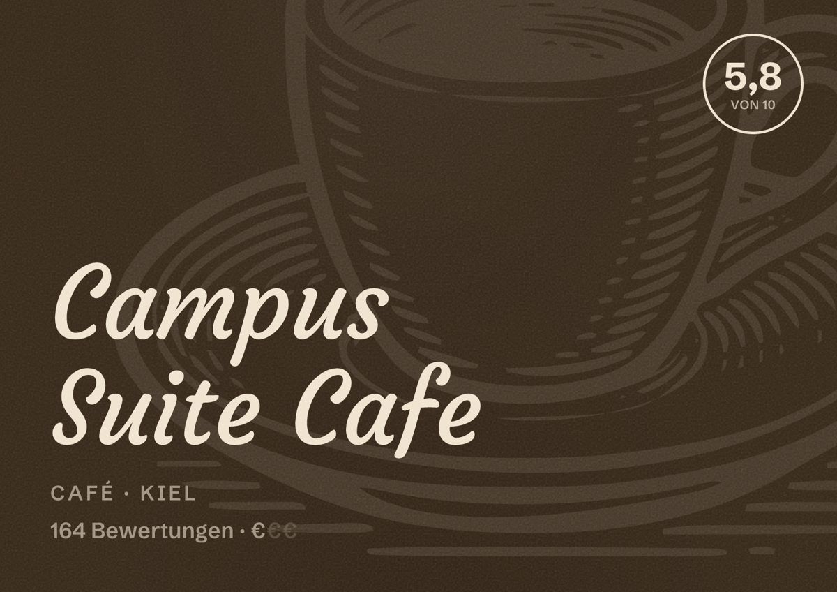 Illustriertes Poster von Campus Suite Cafe, Café in Kiel: Bewertung 5,8 von 10 aus 164 Bewertungen, Preisniveau €