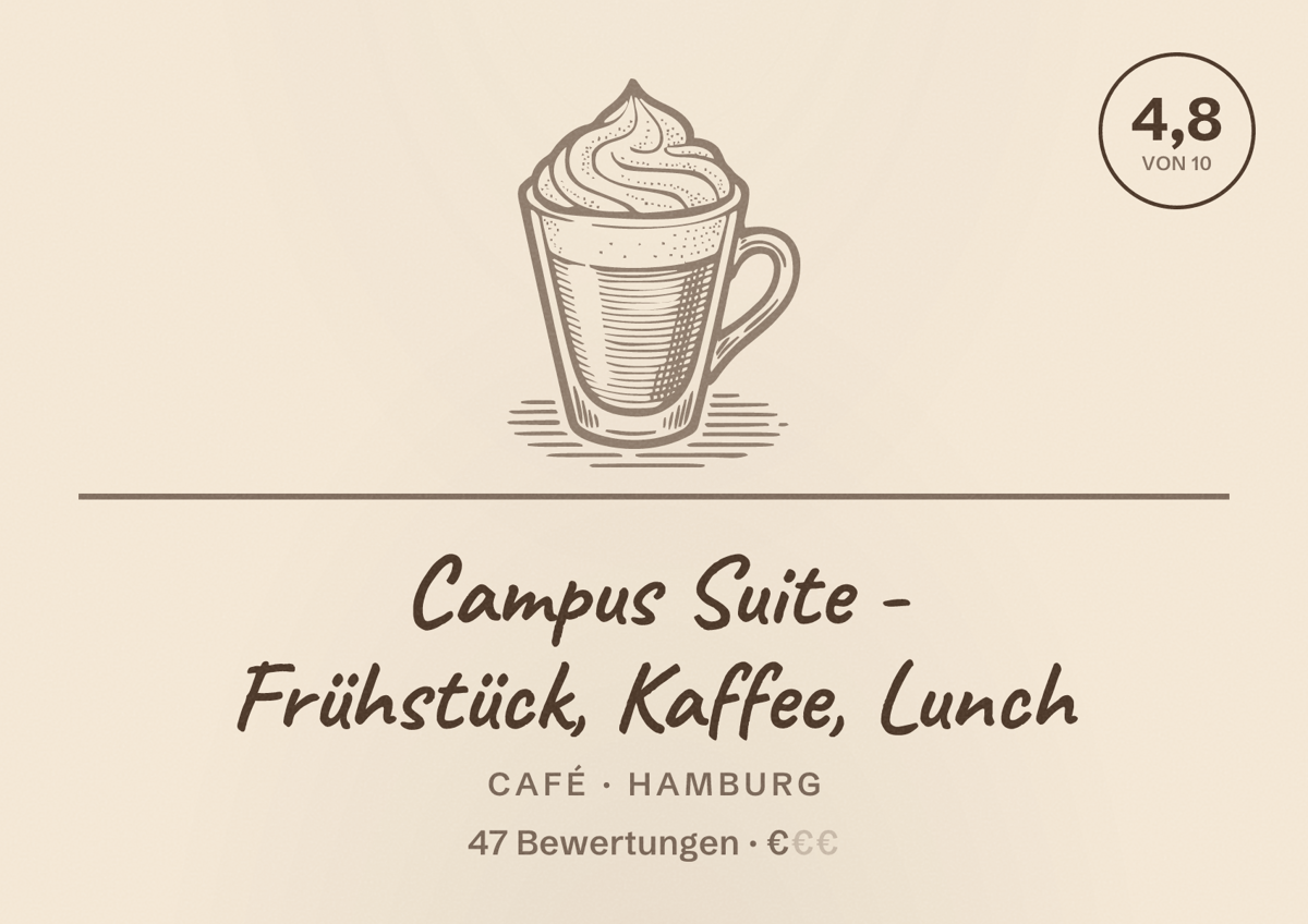 Illustriertes Poster von Campus Suite - Frühstück, Kaffee, Lunch, Café in Hamburg: Bewertung 4,8 von 10 aus 47 Bewertungen, Preisniveau €