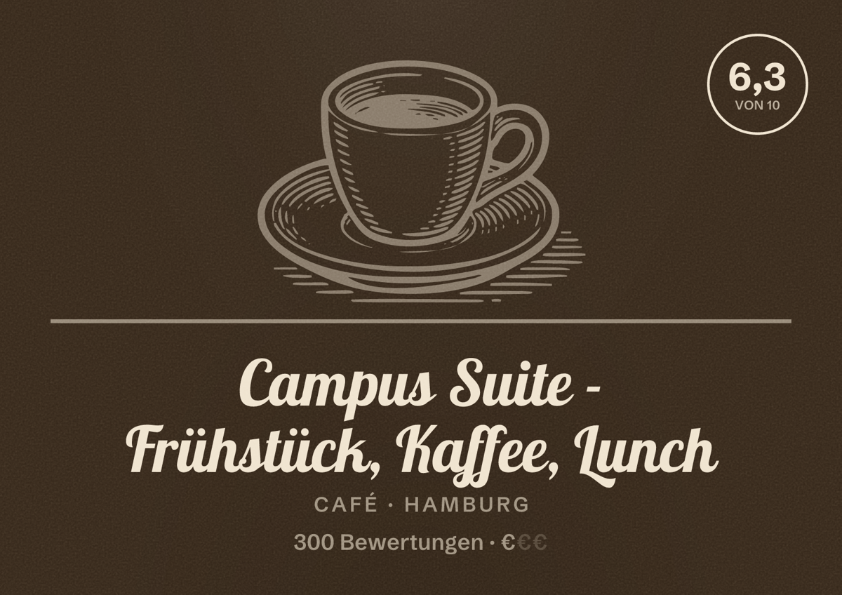Illustriertes Poster von Campus Suite - Frühstück, Kaffee, Lunch, Café in Hamburg: Bewertung 6,3 von 10 aus 300 Bewertungen, Preisniveau €