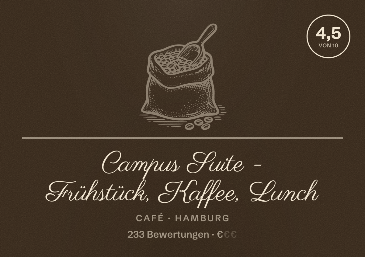 Illustriertes Poster von Campus Suite - Frühstück, Kaffee, Lunch, Café in Hamburg: Bewertung 4,5 von 10 aus 233 Bewertungen, Preisniveau €