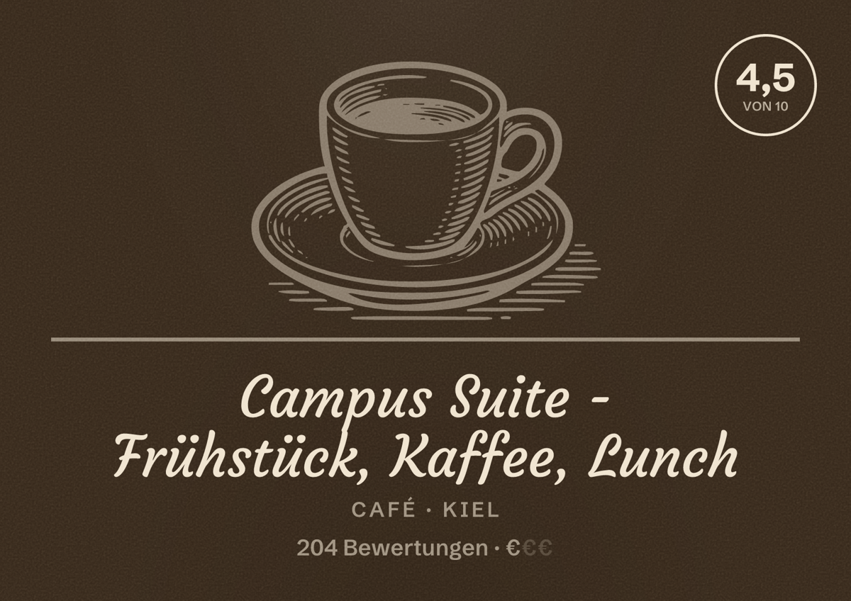 Illustriertes Poster von Campus Suite - Frühstück, Kaffee, Lunch, Café in Kiel: Bewertung 4,5 von 10 aus 204 Bewertungen, Preisniveau €