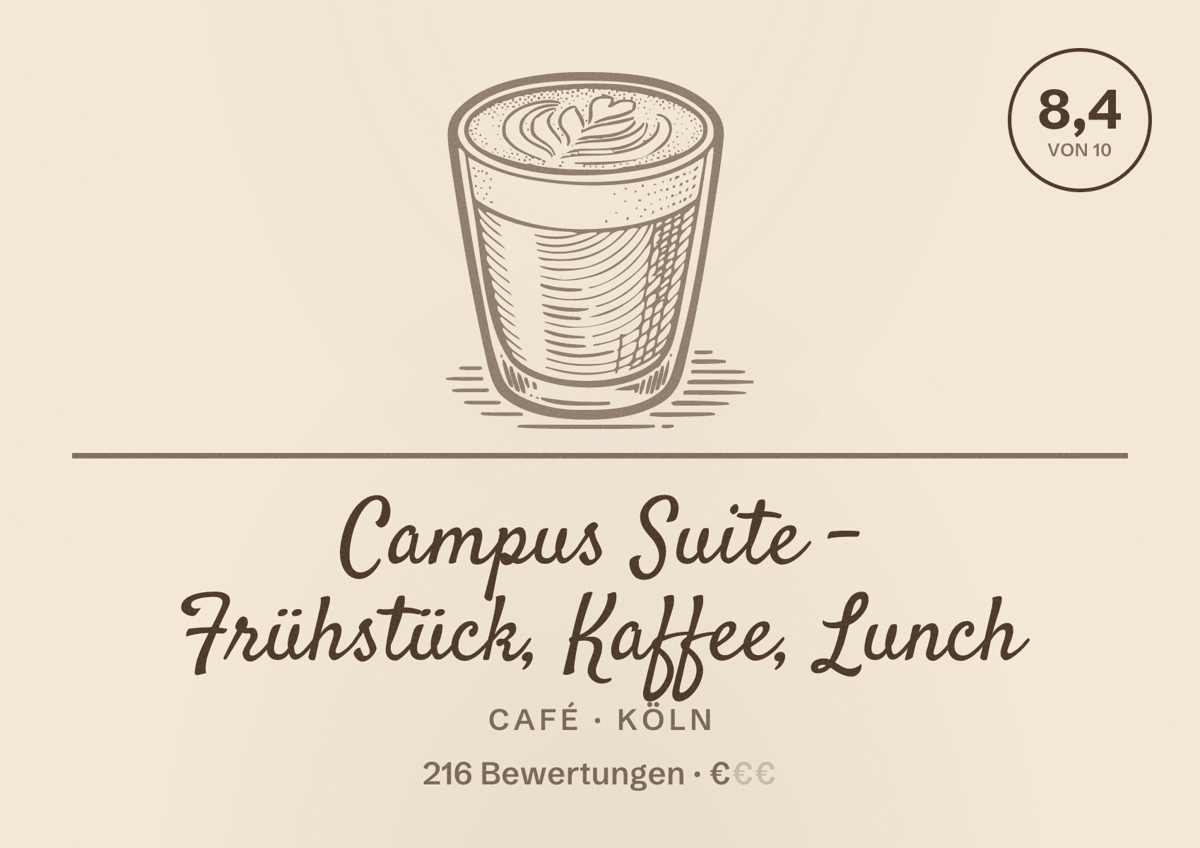 Illustriertes Poster von Campus Suite - Frühstück, Kaffee, Lunch, Café in Köln: Bewertung 8,4 von 10 aus 216 Bewertungen, Preisniveau €