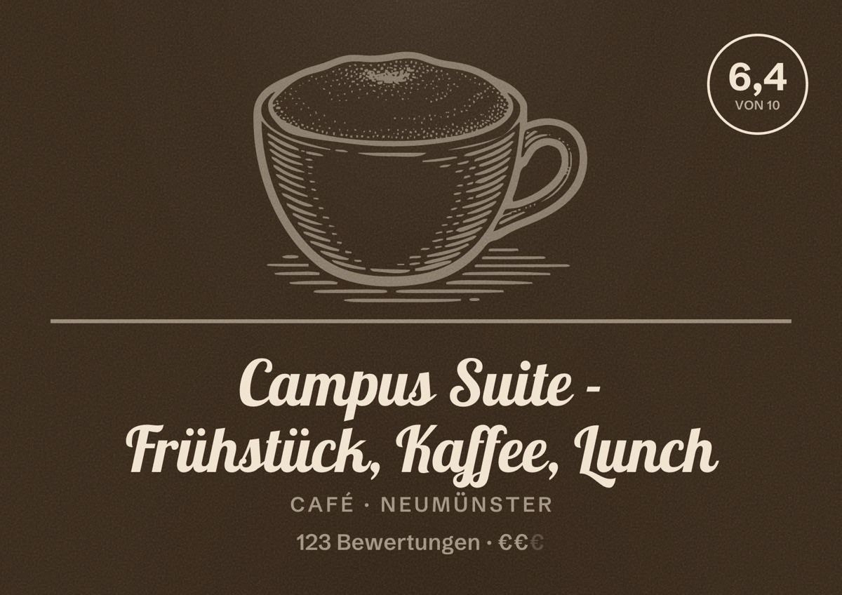 Illustriertes Poster von Campus Suite - Frühstück, Kaffee, Lunch, Café in Neumünster: Bewertung 6,4 von 10 aus 123 Bewertungen, Preisniveau €€