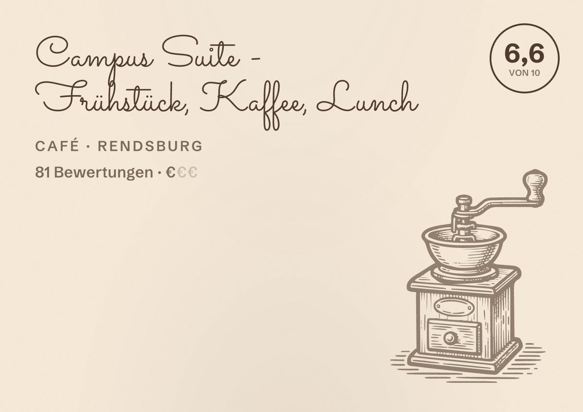 Illustriertes Poster von Campus Suite - Frühstück, Kaffee, Lunch, Café in Rendsburg: Bewertung 6,6 von 10 aus 81 Bewertungen, Preisniveau €
