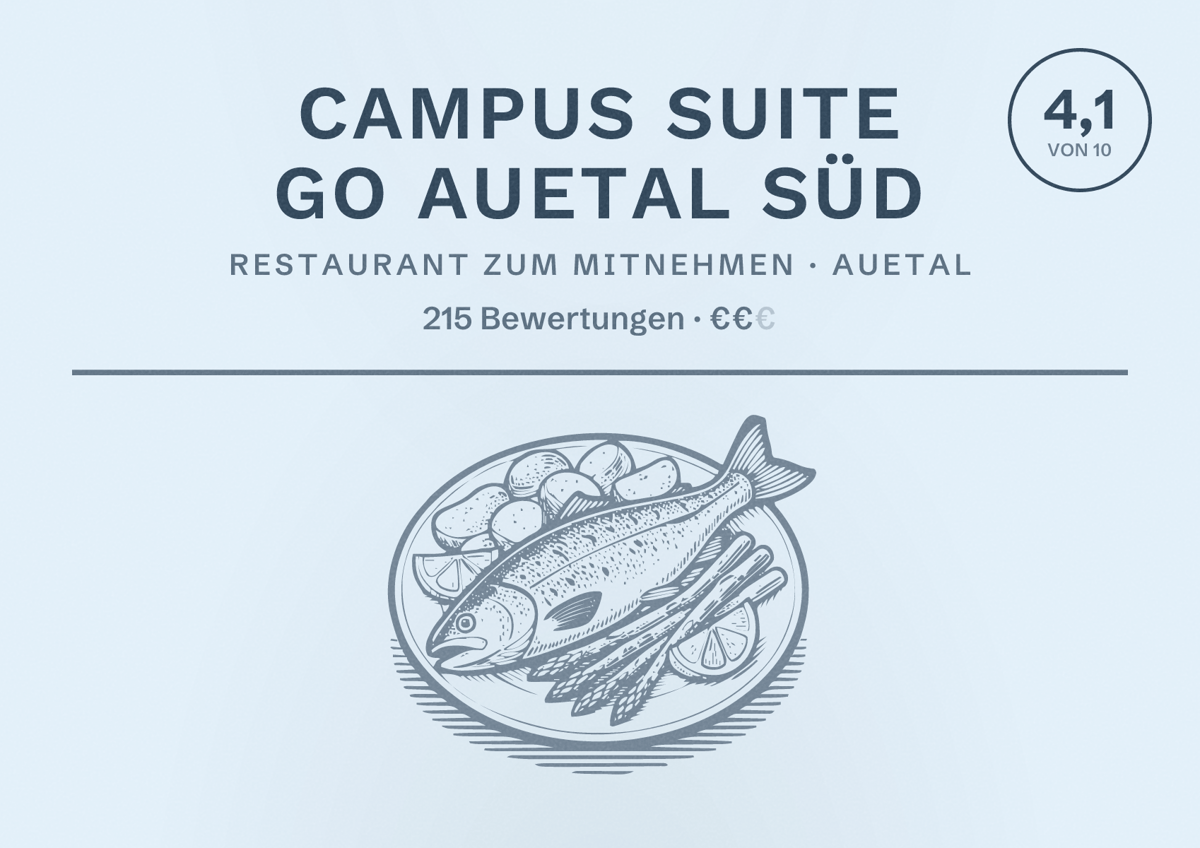 Illustriertes Poster von Campus Suite Go Auetal Süd, Restaurant zum Mitnehmen in Auetal: Bewertung 4,1 von 10 aus 215 Bewertungen, Preisniveau €€