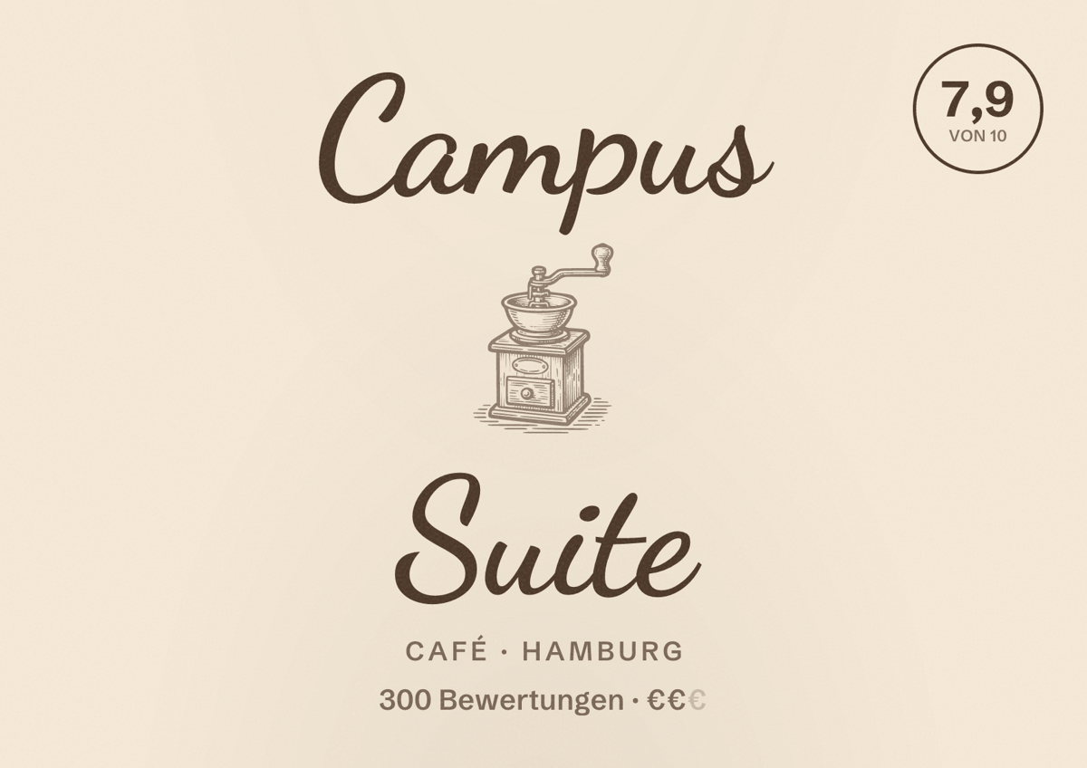 Illustriertes Poster von Campus Suite, Café in Hamburg: Bewertung 7,9 von 10 aus 300 Bewertungen, Preisniveau €€