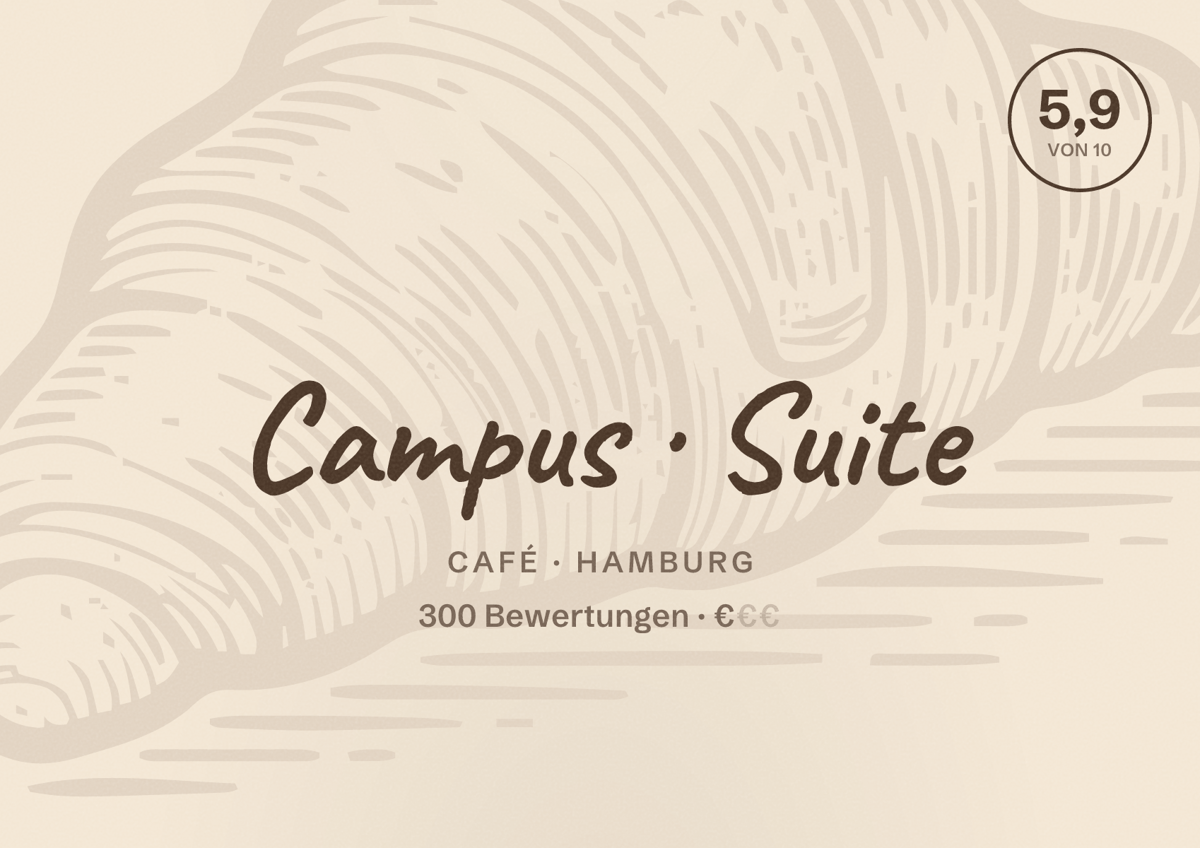 Illustriertes Poster von Campus Suite, Café in Hamburg: Bewertung 5,9 von 10 aus 300 Bewertungen, Preisniveau €