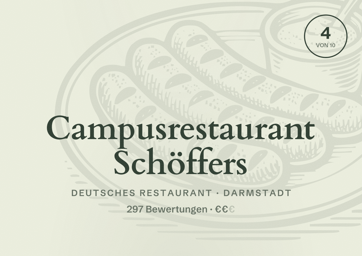 Illustriertes Poster von Campusrestaurant Schöffers, Deutsches Restaurant in Darmstadt: Bewertung 4,0 von 10 aus 297 Bewertungen, Preisniveau €€