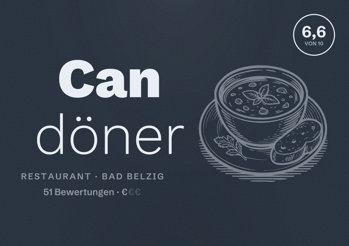 Illustriertes Poster von Can döner, Restaurant in Bad Belzig: Bewertung 6,6 von 10 aus 51 Bewertungen, Preisniveau €