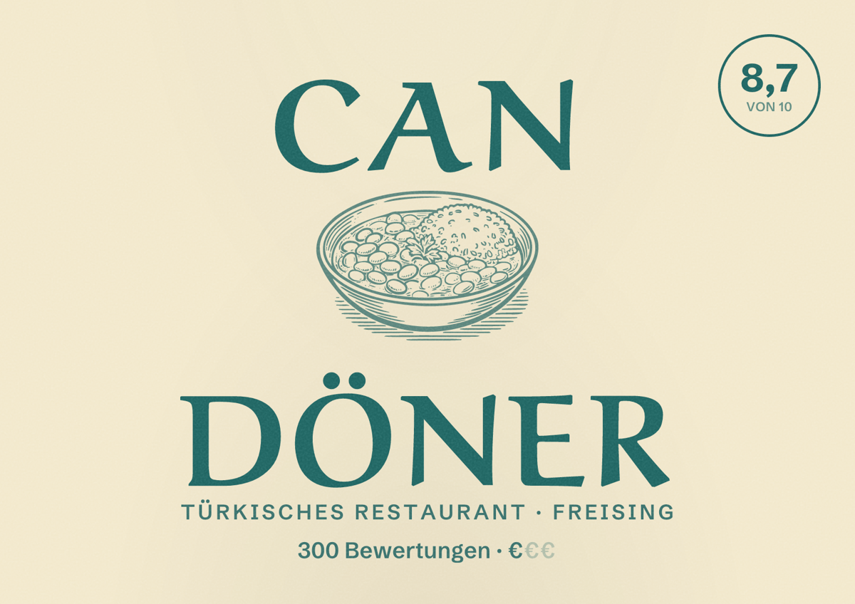 Illustriertes Poster von Can Döner, Türkisches Restaurant in Freising: Bewertung 8,7 von 10 aus 300 Bewertungen, Preisniveau €