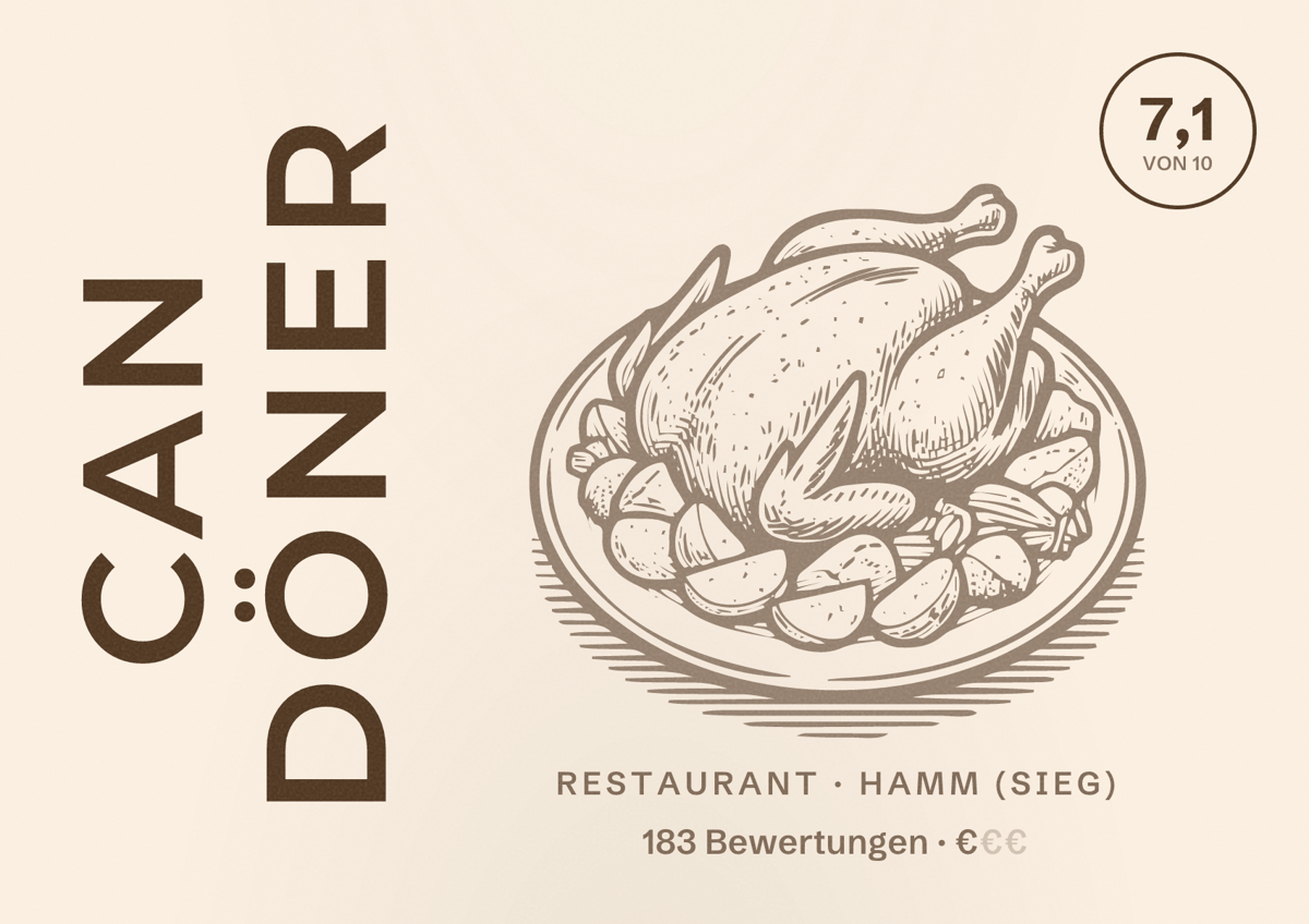 Illustriertes Poster von Can Döner, Restaurant in Hamm (Sieg): Bewertung 7,1 von 10 aus 183 Bewertungen, Preisniveau €