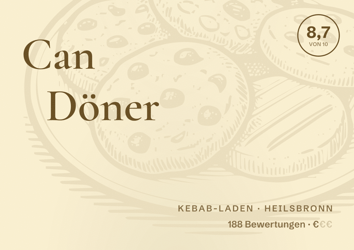 Illustriertes Poster von Can Döner, Kebab-Laden in Heilsbronn: Bewertung 8,7 von 10 aus 188 Bewertungen, Preisniveau €