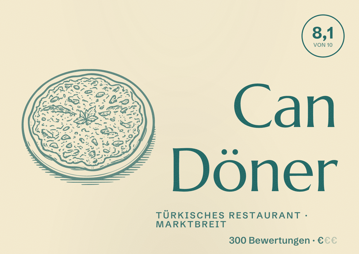 Illustriertes Poster von Can Döner, Türkisches Restaurant in Marktbreit: Bewertung 8,1 von 10 aus 300 Bewertungen, Preisniveau €