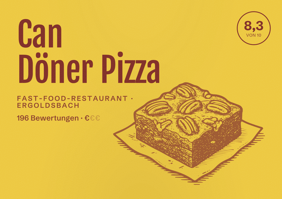 Illustriertes Poster von Can Döner Pizza, Fast-Food-Restaurant in Ergoldsbach: Bewertung 8,3 von 10 aus 196 Bewertungen, Preisniveau €
