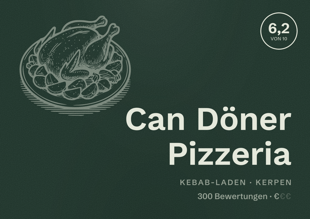 Illustriertes Poster von Can Döner Pizzeria, Kebab-Laden in Kerpen: Bewertung 6,2 von 10 aus 300 Bewertungen, Preisniveau €