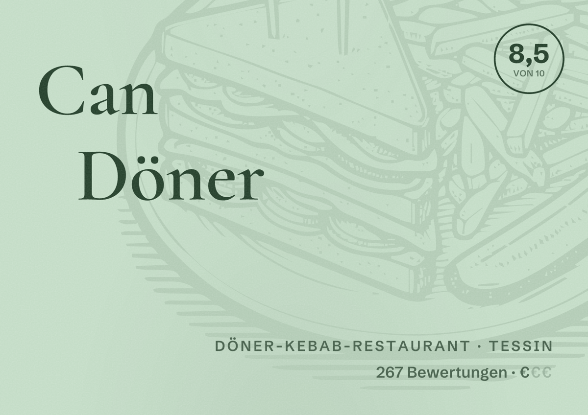 Illustriertes Poster von Can Döner, Döner-Kebab-Restaurant in Tessin: Bewertung 8,5 von 10 aus 267 Bewertungen, Preisniveau €