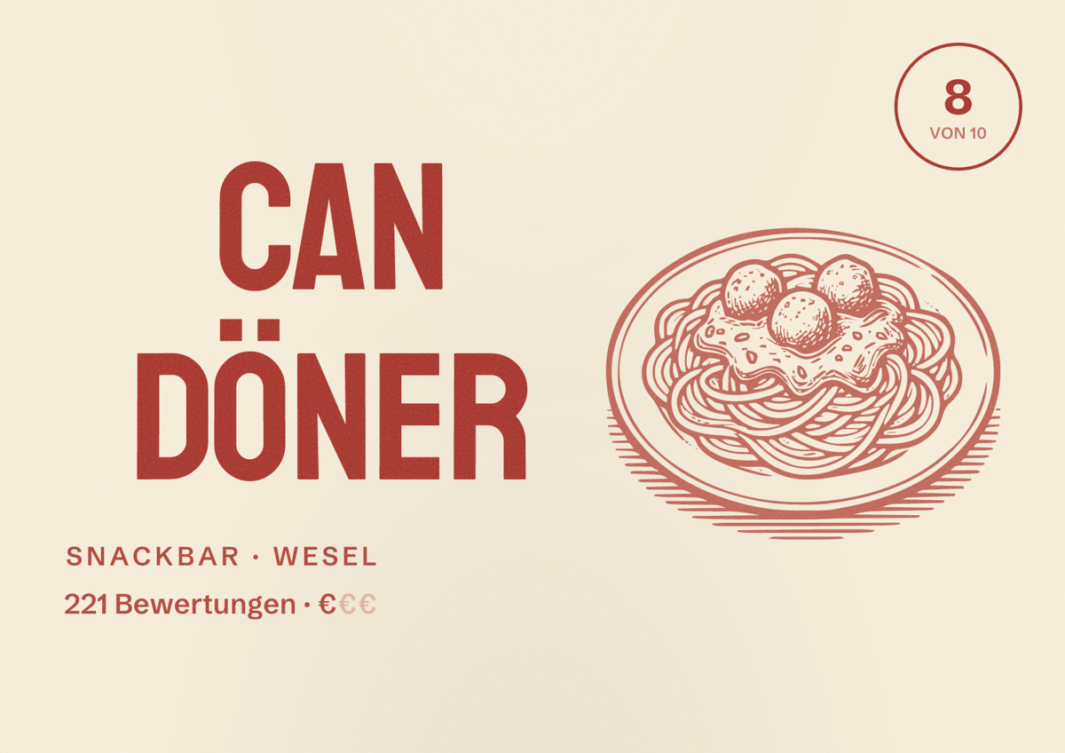 Illustriertes Poster von Can Döner, Snackbar in Wesel: Bewertung 8 von 10 aus 221 Bewertungen, Preisniveau €