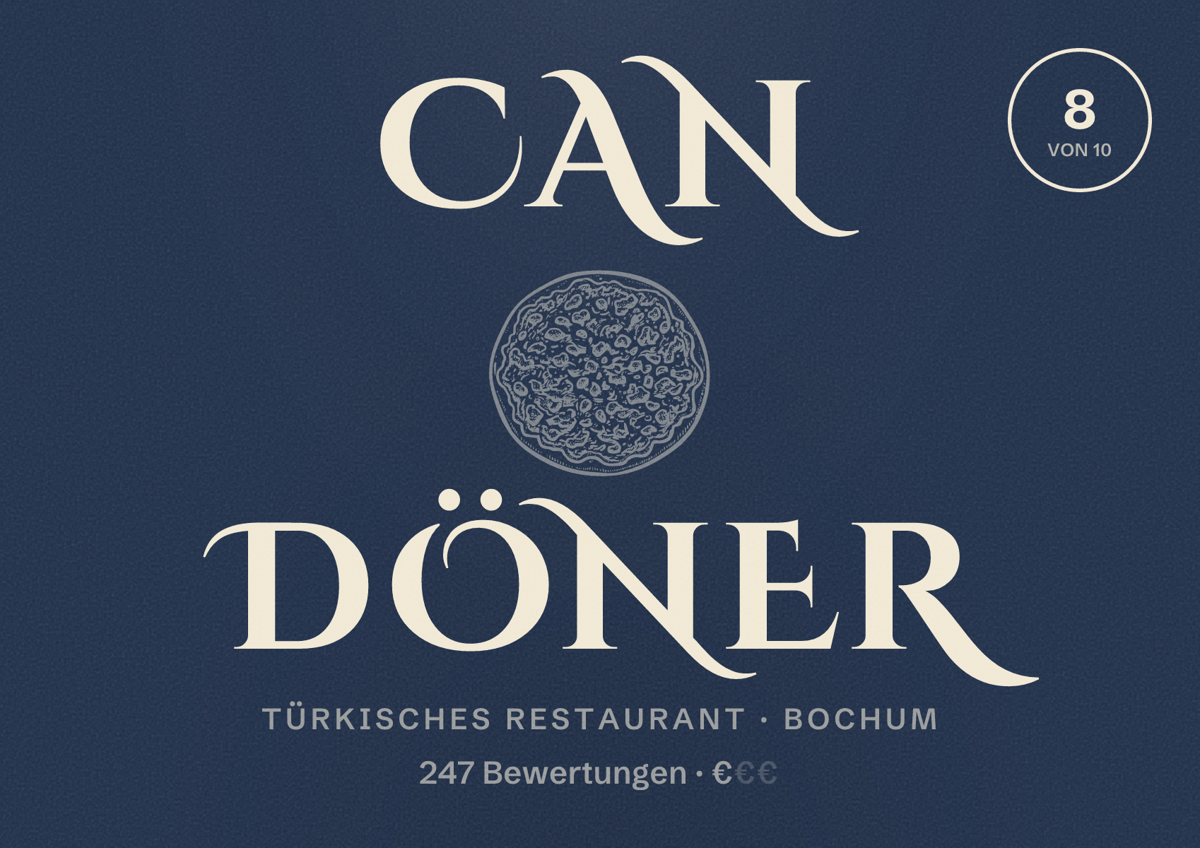 Illustriertes Poster von CAN Döner, Türkisches Restaurant in Bochum: Bewertung 8 von 10 aus 247 Bewertungen, Preisniveau €