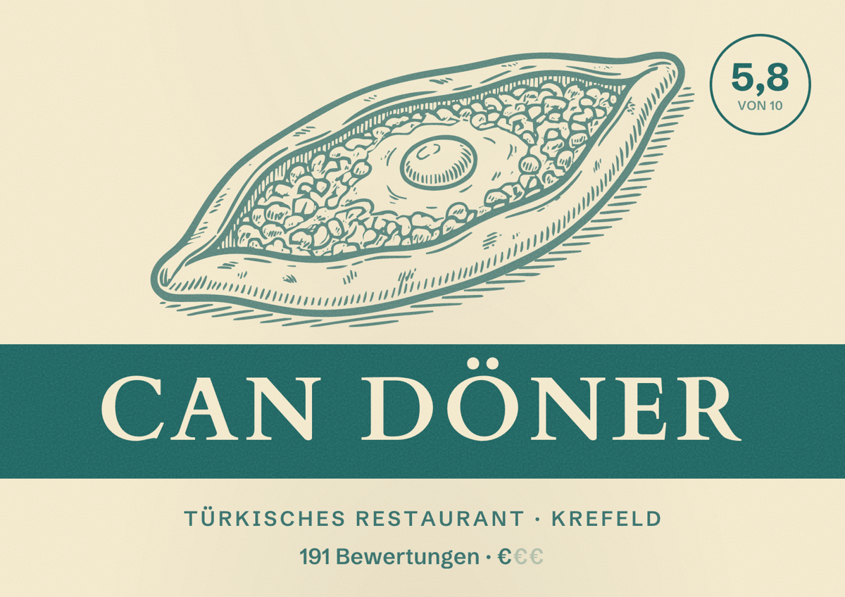 Illustriertes Poster von Can Döner, Türkisches Restaurant in Krefeld: Bewertung 5,9 von 10 aus 191 Bewertungen, Preisniveau €