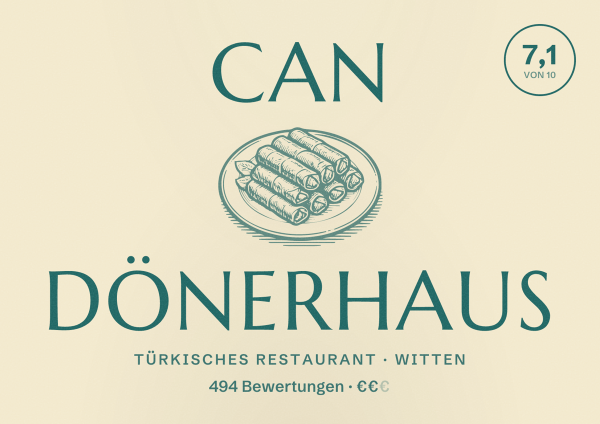 Illustriertes Poster von CAN Dönerhaus, Türkisches Restaurant in Witten: Bewertung 7,1 von 10 aus 494 Bewertungen, Preisniveau €€