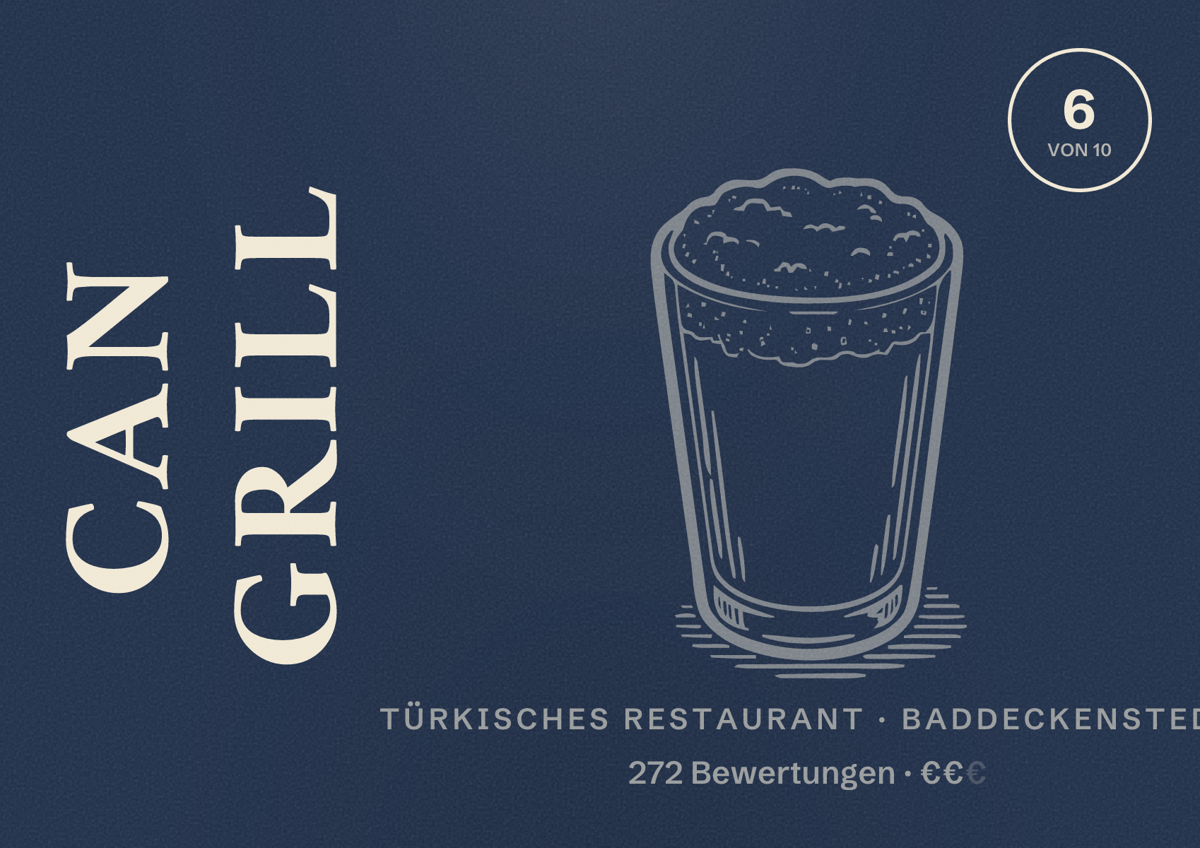 Illustriertes Poster von Can Grill, Türkisches Restaurant in Baddeckenstedt: Bewertung 6 von 10 aus 272 Bewertungen, Preisniveau €€