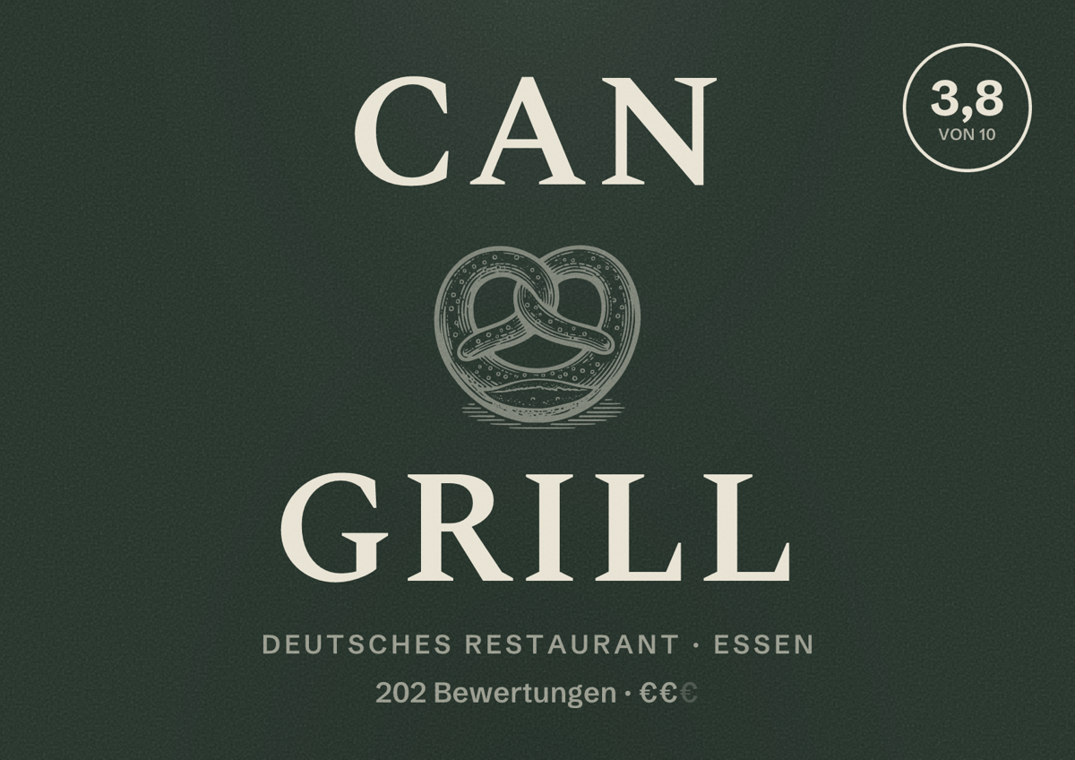 Illustriertes Poster von Can Grill, Deutsches Restaurant in Essen: Bewertung 3,8 von 10 aus 202 Bewertungen, Preisniveau €€