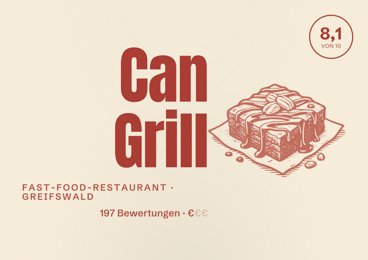 Illustriertes Poster von Can Grill, Fast-Food-Restaurant in Greifswald: Bewertung 8,1 von 10 aus 197 Bewertungen, Preisniveau €
