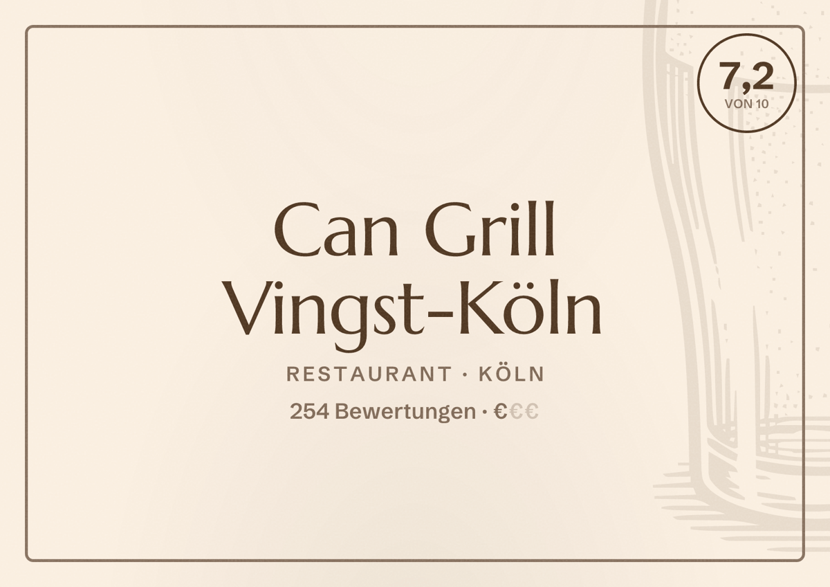 Illustriertes Poster von Can Grill Vingst-Köln, Restaurant in Köln: Bewertung 7,2 von 10 aus 254 Bewertungen, Preisniveau €