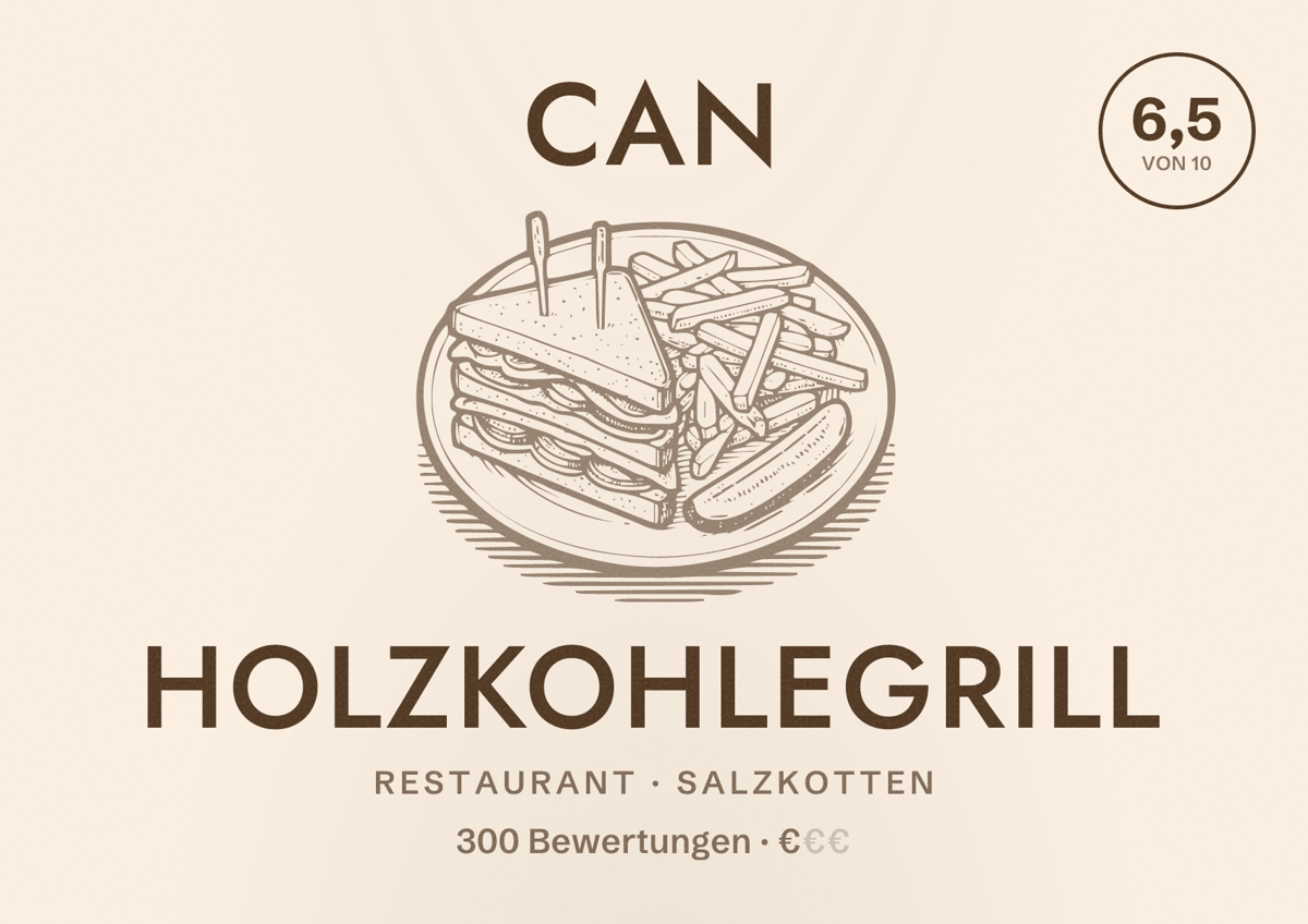 Illustriertes Poster von CAN Holzkohlegrill, Restaurant in Salzkotten: Bewertung 6,5 von 10 aus 300 Bewertungen, Preisniveau €