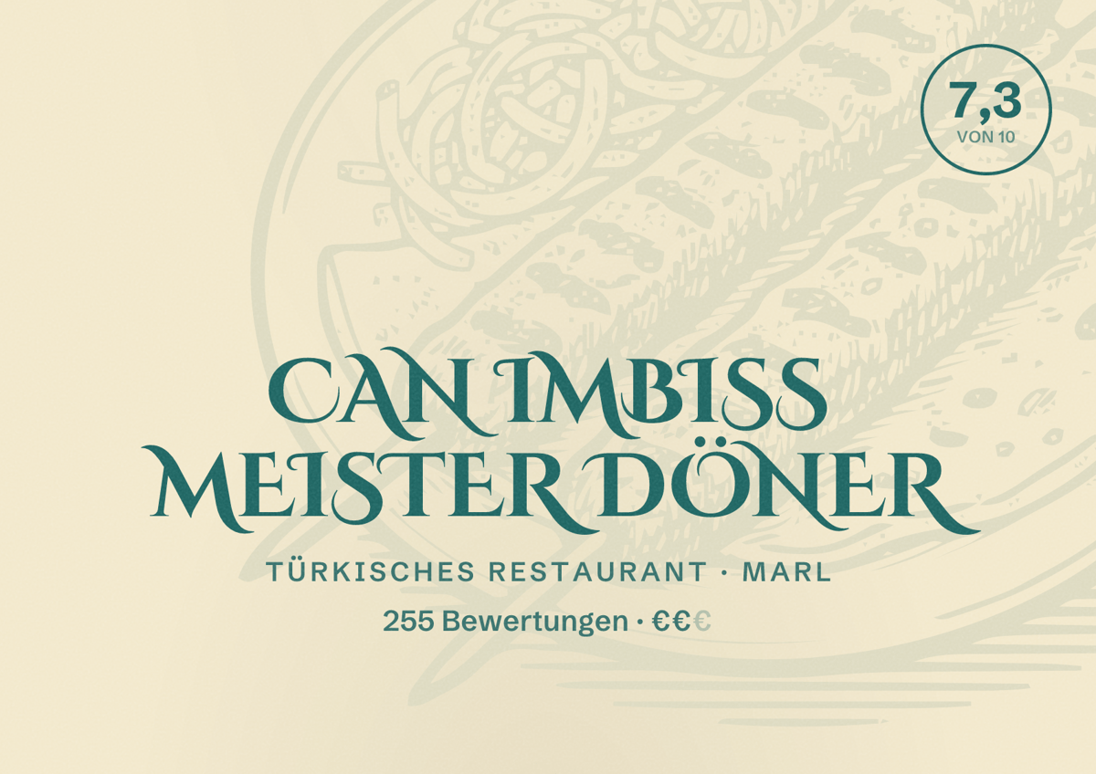 Illustriertes Poster von Can Imbiss Meister Döner, Türkisches Restaurant in Marl: Bewertung 7,3 von 10 aus 255 Bewertungen, Preisniveau €€