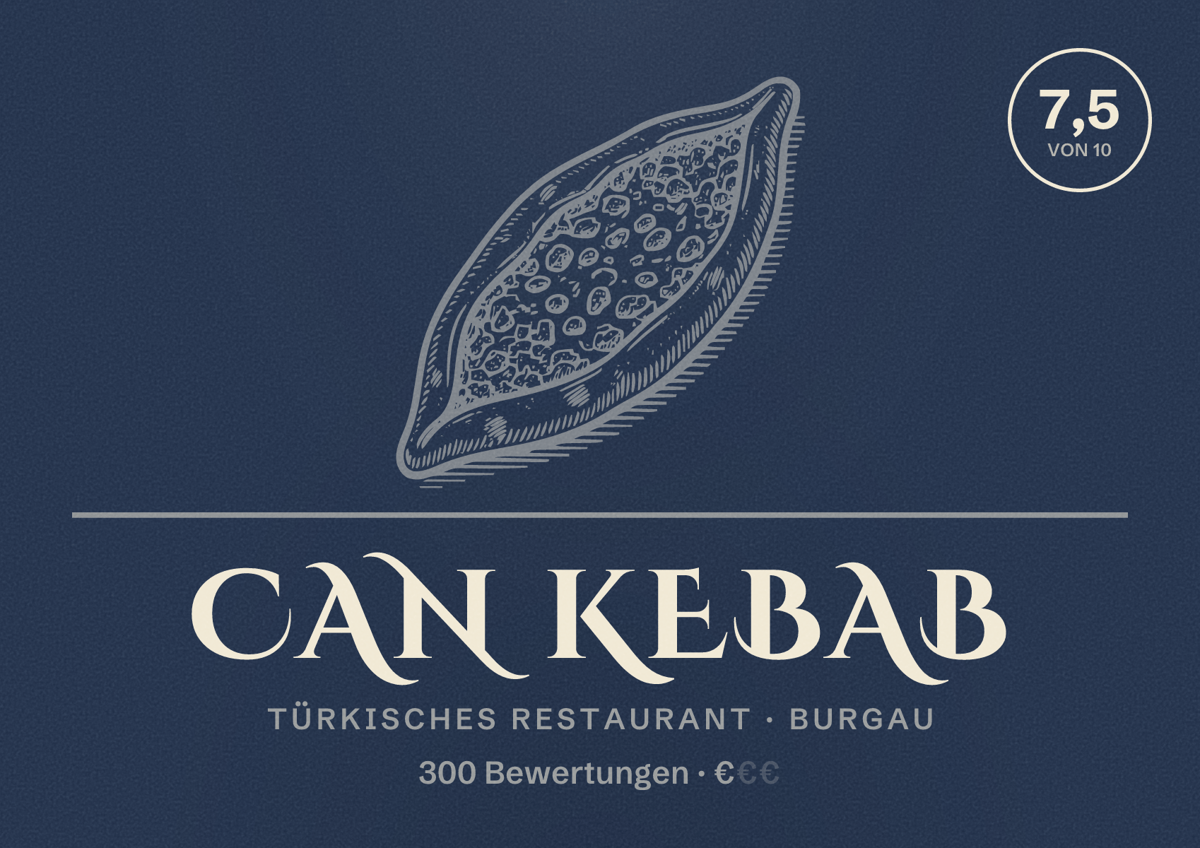 Illustriertes Poster von Can Kebab, Türkisches Restaurant in Burgau: Bewertung 7,5 von 10 aus 300 Bewertungen, Preisniveau €