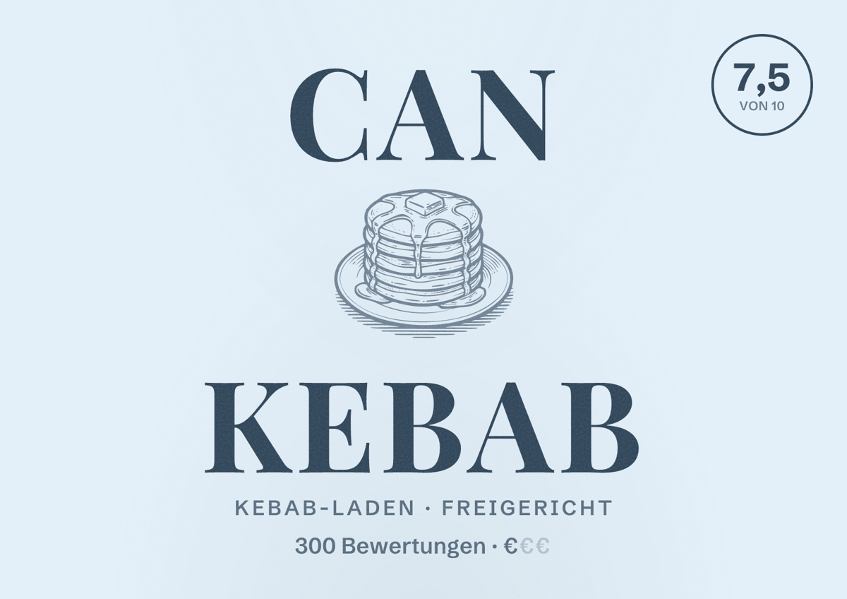 Illustriertes Poster von Can Kebab, Kebab-Laden in Freigericht: Bewertung 7,5 von 10 aus 300 Bewertungen, Preisniveau €