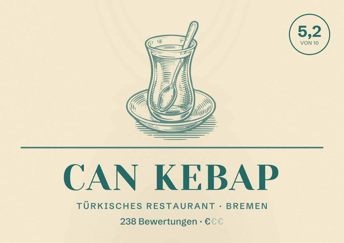Illustriertes Poster von Can Kebap, Türkisches Restaurant in Bremen: Bewertung 5,2 von 10 aus 238 Bewertungen, Preisniveau €