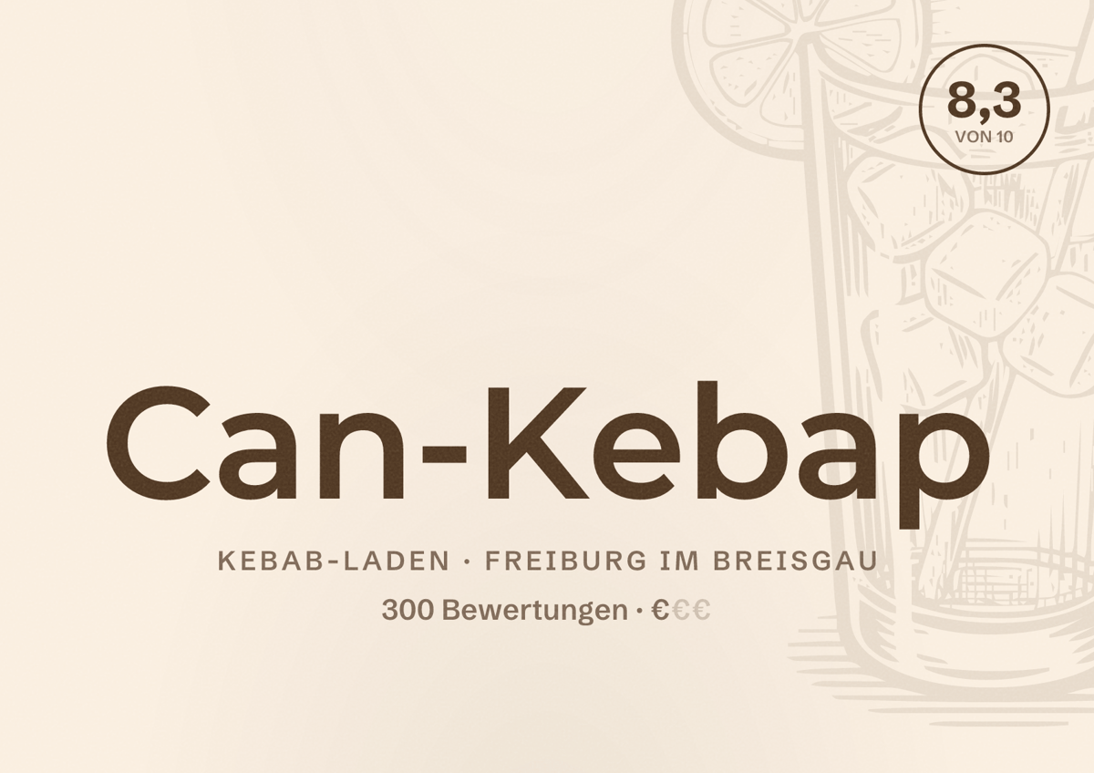 Illustriertes Poster von Can-Kebap, Kebab-Laden in Freiburg im Breisgau: Bewertung 8,3 von 10 aus 300 Bewertungen, Preisniveau €