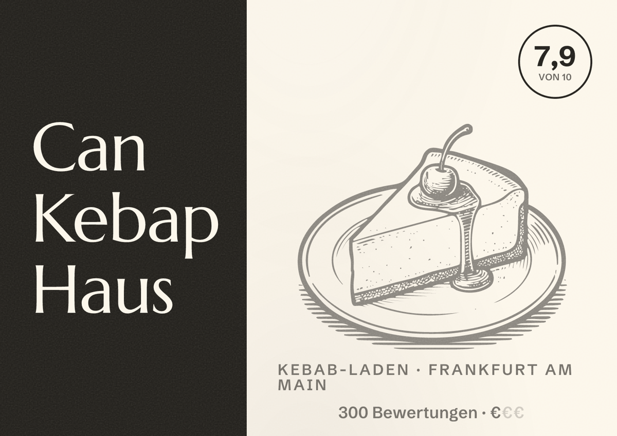 Illustriertes Poster von Can Kebap Haus, Kebab-Laden in Frankfurt am Main: Bewertung 7,9 von 10 aus 300 Bewertungen, Preisniveau €