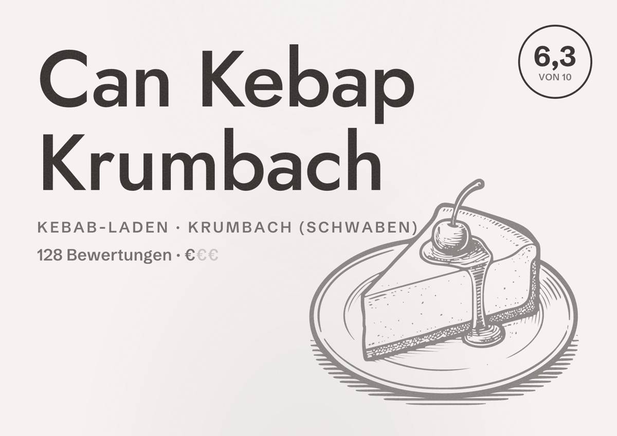 Illustriertes Poster von Can Kebap Krumbach, Kebab-Laden in Krumbach (Schwaben): Bewertung 6,3 von 10 aus 128 Bewertungen, Preisniveau €