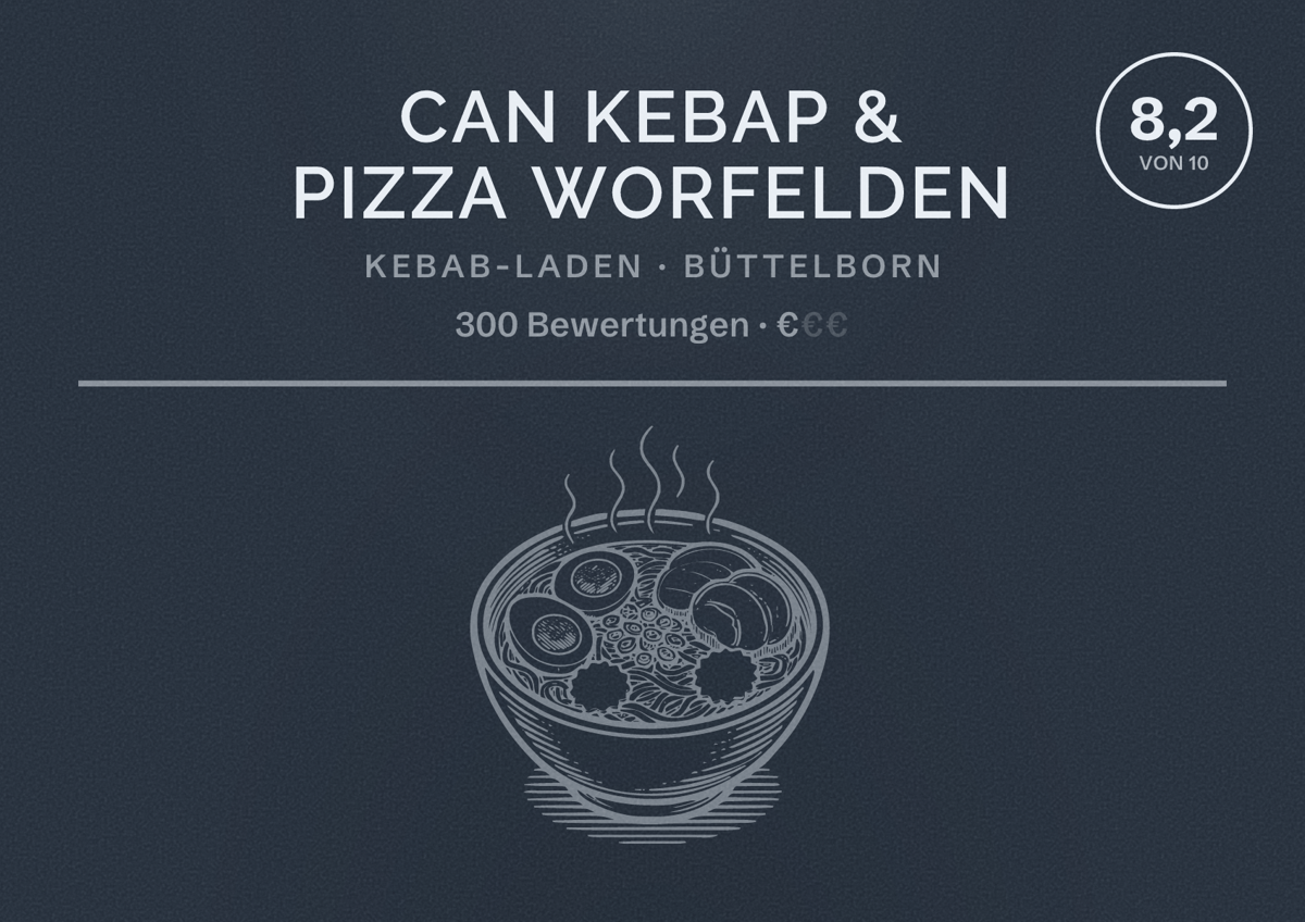 Illustriertes Poster von CAN Kebap & Pizza Worfelden, Kebab-Laden in Büttelborn: Bewertung 8,2 von 10 aus 300 Bewertungen, Preisniveau €
