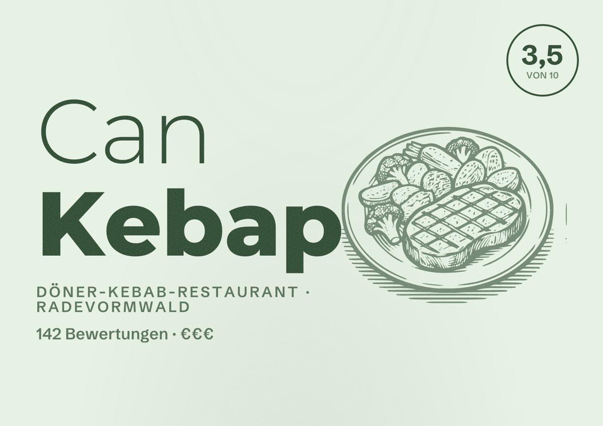 Illustriertes Poster von Can Kebap, Döner-Kebab-Restaurant in Radevormwald: Bewertung 3,5 von 10 aus 142 Bewertungen, Preisniveau €€€