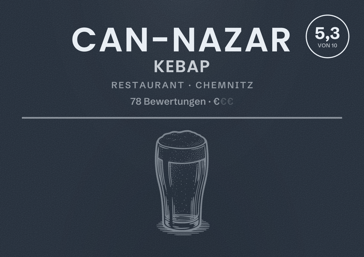 Illustriertes Poster von Can-Nazar Kebap, Restaurant in Chemnitz: Bewertung 5,3 von 10 aus 78 Bewertungen, Preisniveau €