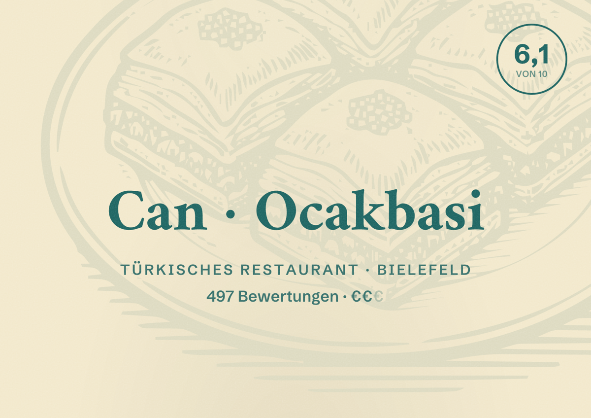 Illustriertes Poster von Can Ocakbasi, Türkisches Restaurant in Bielefeld: Bewertung 6,1 von 10 aus 497 Bewertungen, Preisniveau €€