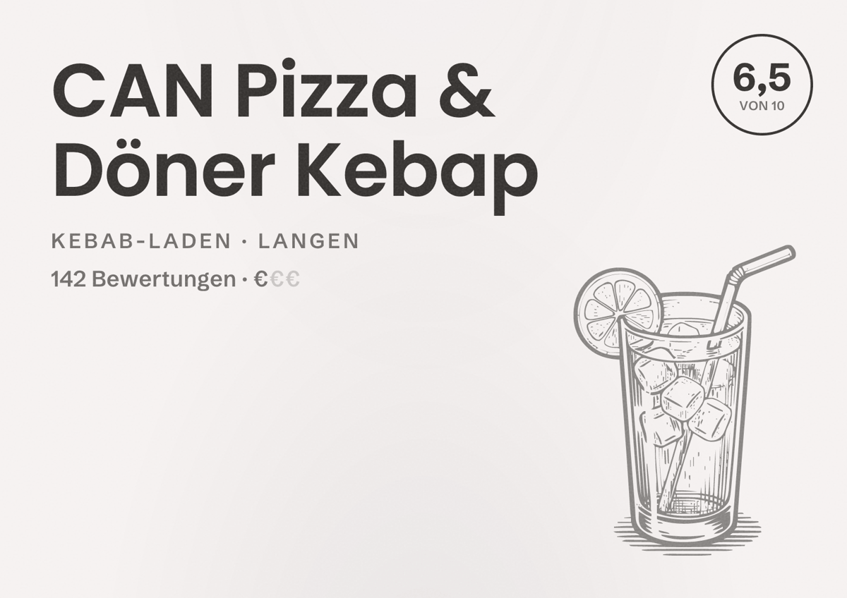 Illustriertes Poster von CAN Pizza & Döner Kebap, Kebab-Laden in Langen: Bewertung 6,5 von 10 aus 142 Bewertungen, Preisniveau €