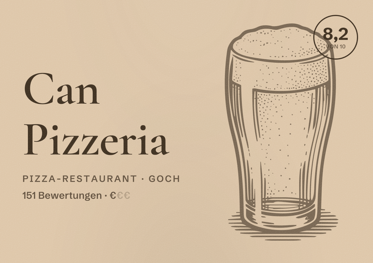 Illustriertes Poster von Can Pizzeria, Pizza-Restaurant in Goch: Bewertung 8,2 von 10 aus 151 Bewertungen, Preisniveau €