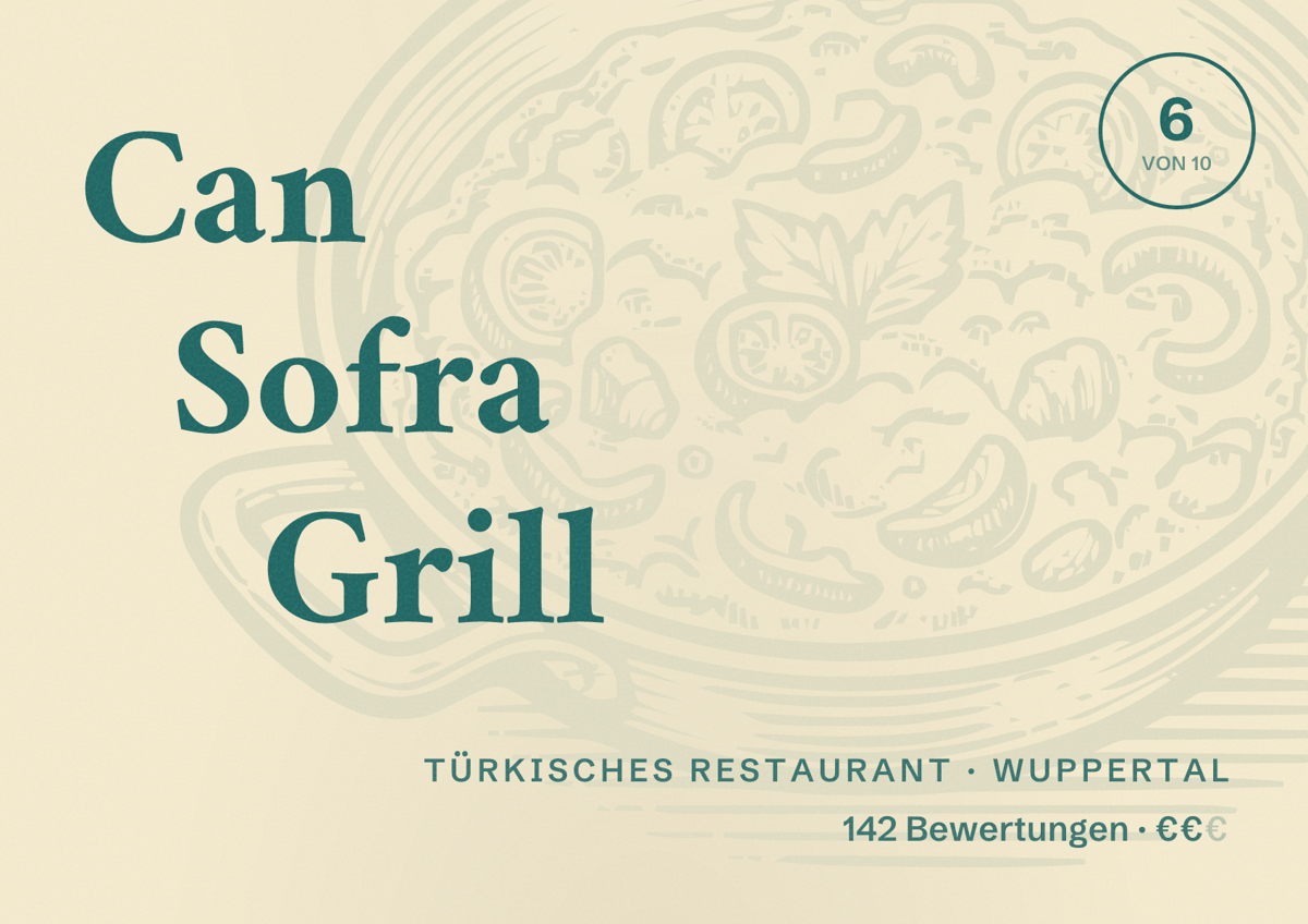 Illustriertes Poster von Can Sofra Grill, Türkisches Restaurant in Wuppertal: Gästebewertung 6 von 10 aus 142 Bewertungen