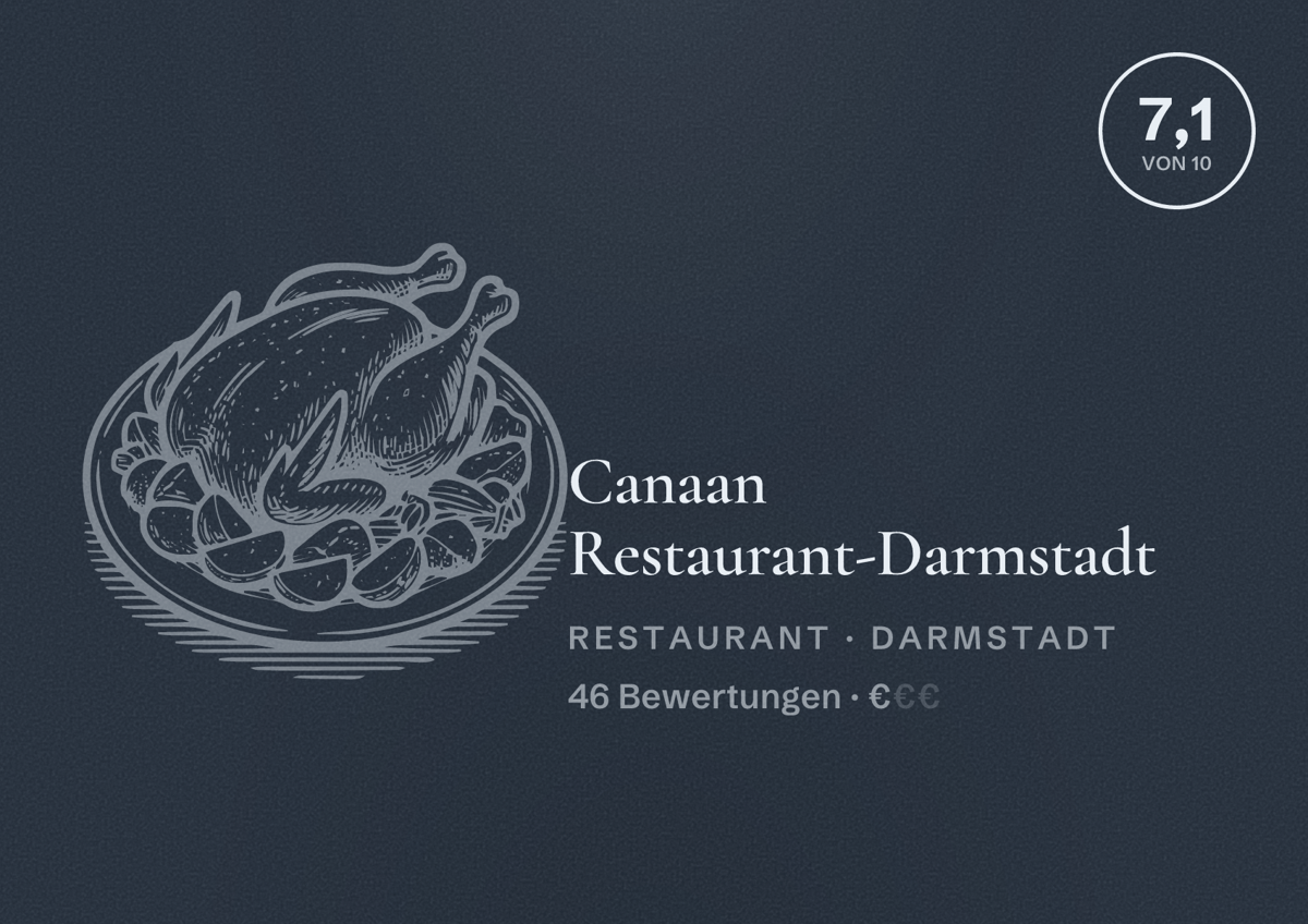 Illustriertes Poster von Canaan Restaurant-Darmstadt, Restaurant in Darmstadt: Bewertung 7,1 von 10 aus 46 Bewertungen, Preisniveau €