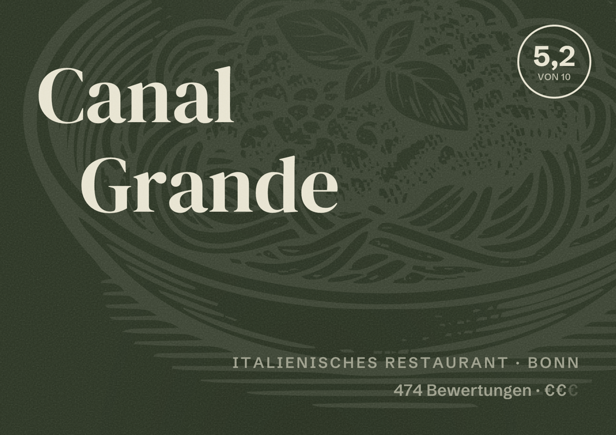 Illustriertes Poster von Canal Grande, Italienisches Restaurant in Bonn: Bewertung 5,2 von 10 aus 474 Bewertungen, Preisniveau €€