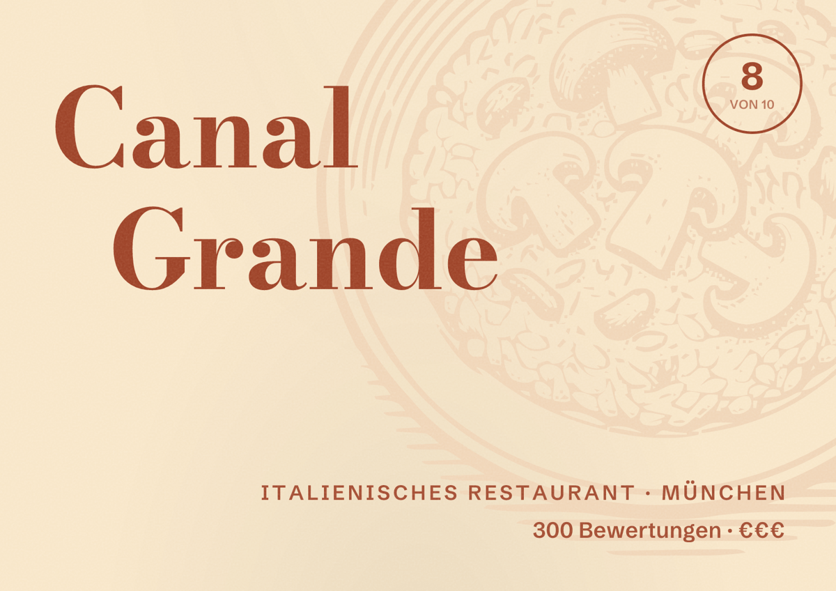Illustriertes Poster von Canal Grande, Italienisches Restaurant in München: Bewertung 8,0 von 10 aus 300 Bewertungen, Preisniveau €€€