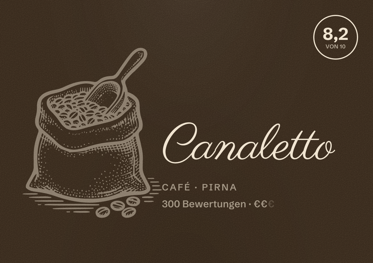 Illustriertes Poster von Canaletto, Café in Pirna: Bewertung 8,2 von 10 aus 300 Bewertungen, Preisniveau €€